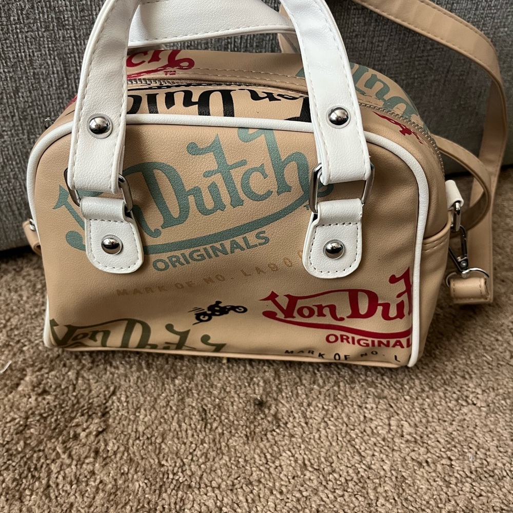 Von Dutch Beige Logo Mini Satchel with White Trim and Pink Accents